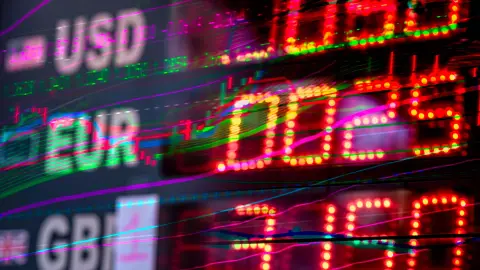 Vibrant stock market display showing exchange rates for USD, EUR, and GBP. Perfect for finance themes.
